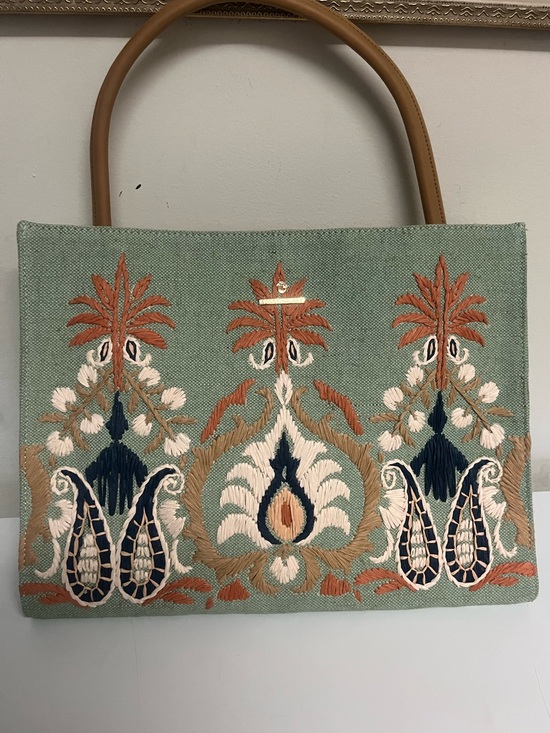 Spartina 449 Handbags - Spartina 449 Daufuskie Island Embroidered Jute Tote Bag Leather Handle Coastal